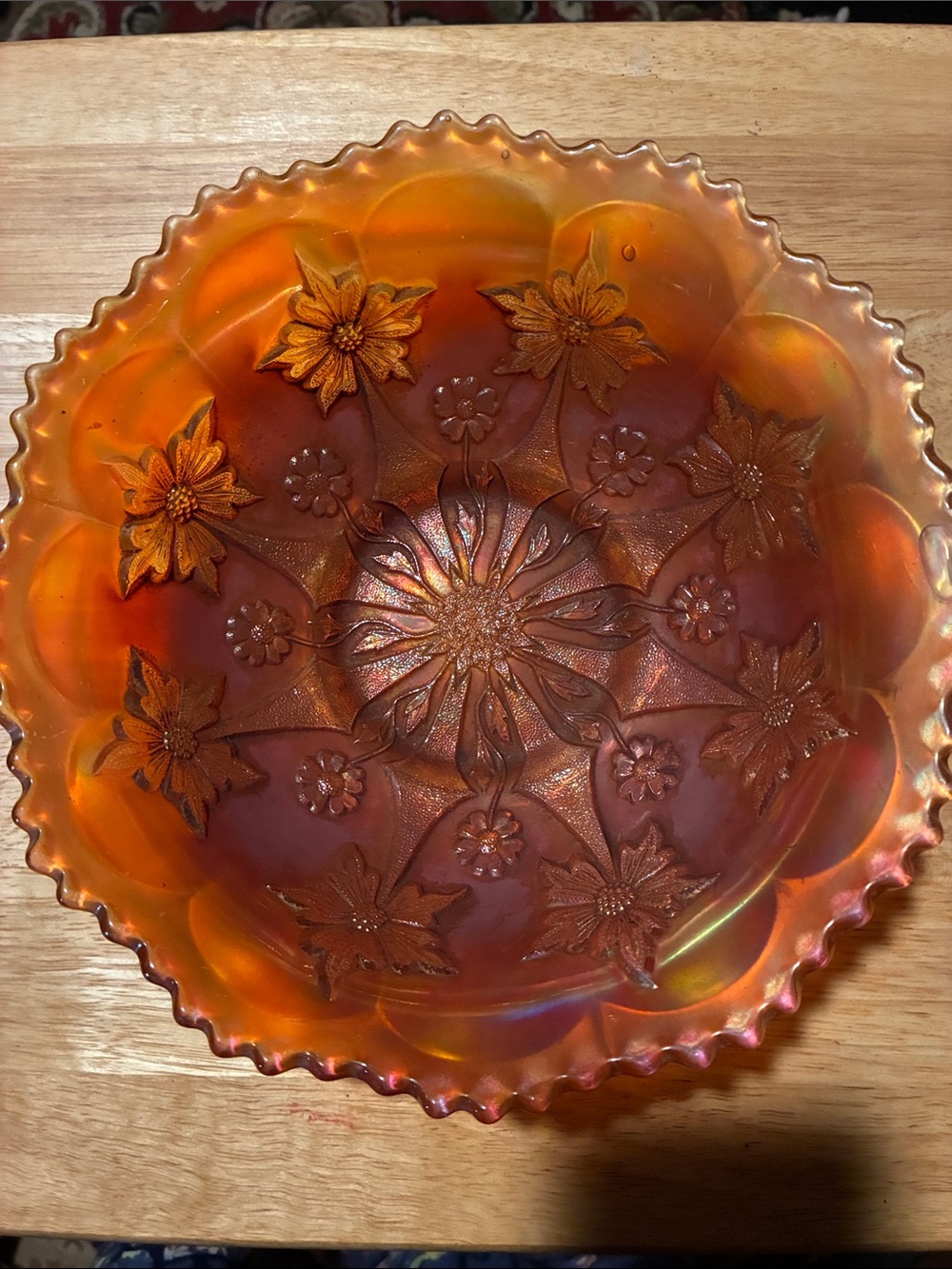 Vintage Carnival Glass Decorative Flower Bowl - Amber Orange